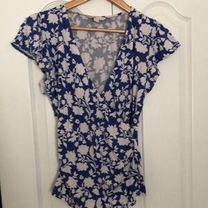 Blue and White Puff Sleeve Blouse with Ruffled Wrap Style Boden size 8 US